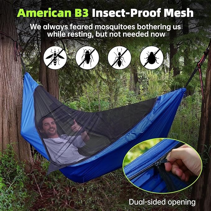 Camping Hammock Mosquito Net with Rain Fly - Rain Fly Tarp & Hammock Bug Net, Portable Parachute Nylon Hammock for Outdoor, Hiking, Backpacking, Backyard, Beach, Travel (Hold Up to 500lbs)