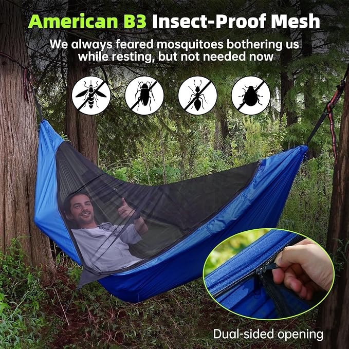 Camping Hammock with Mosquito Net – Portable Parachute Nylon Hammock Tent with Tree Straps, Camp Rope & Stake - for Hiking, Backpacking, Travel, Backyard, Beach – Holds Up to 500lbs (Blue)