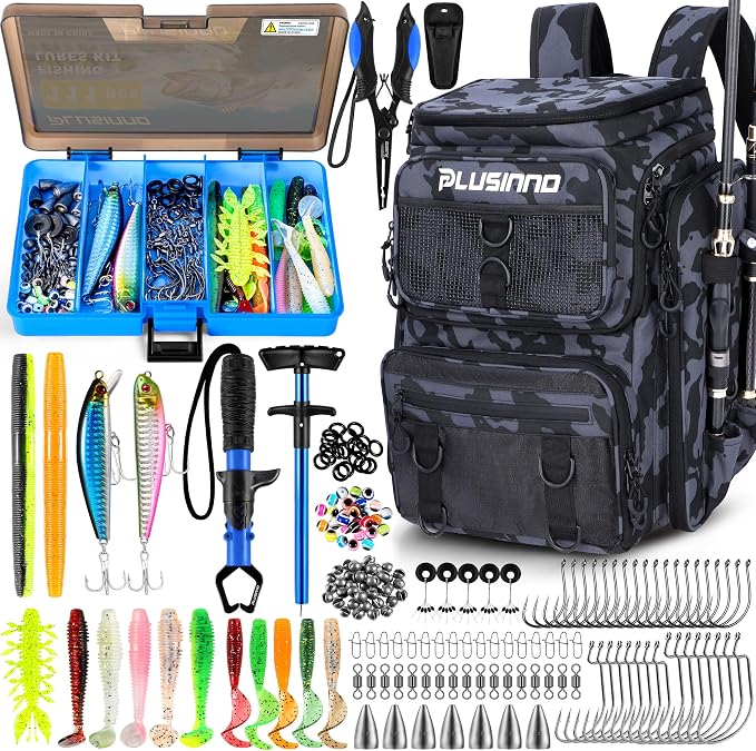 PLUSINNO Fishing Backpack with Tackle Boxes,Fishing Gear,42L Waterproof tackle Backpack with Rod Holders,Lures,Tools,Pliers & Accessories, Fishing Gifts for Men