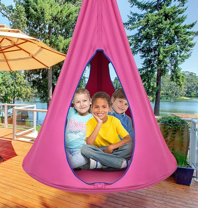 Sorbus Pod Swing for Kids - Durable Hanging Hammock Chair w/Adjustable Rope - 2 Windows & 1 Entrance - Tree Tent Sensory Swing for Kids Indoor Outdoor Use - 250lbs Sturdy Nest Swing - (Pink)