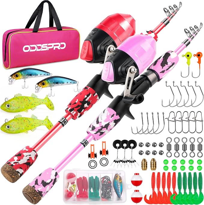 ODDSPRO Kids Fishing Pole - Portable Telescopic Kids Fishing Rod and Reel Combo Kit - with Spincast Fishing Reel Tackle Box for Girls, Youth