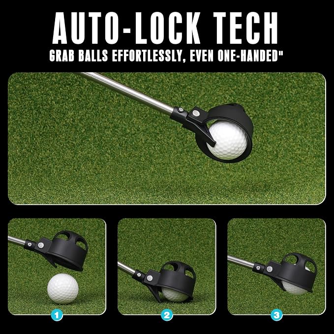 Pro Auto-Lock Golf Ball Retriever, Golf Ball Retriever Telescopic for Water 9Ft/12Ft/14.5Ft/16.3Ft with Heavy-Duty Stainless Steel Shaft & Non-Slip Rubber Grip (Black, 14.5Ft)