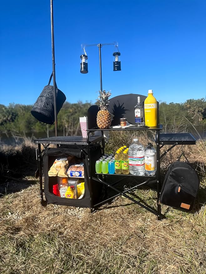 Nice C Camping Kitchen Station, Picnic Portable Grill Table, Folding Cook Station Organizers, with Upgrade Light Stand, Windshield, Carry Bag for Outdoor, Beach, Picnic (Black)