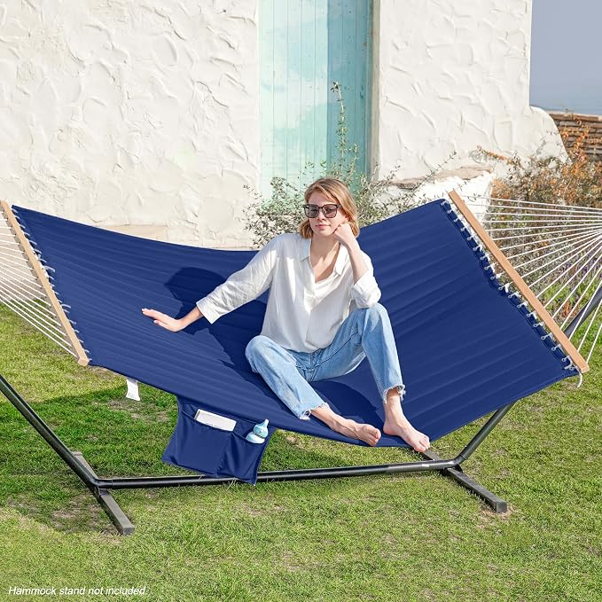 GAFETE Hammock 2 Person Quilted Fabric Hammocks for Outside, Double 12ft Hammocks with Spreader Bar, Large Removable Pillow, Storage Bag, Carabiners, Max 475 lbs Capacity (Dark Navy)