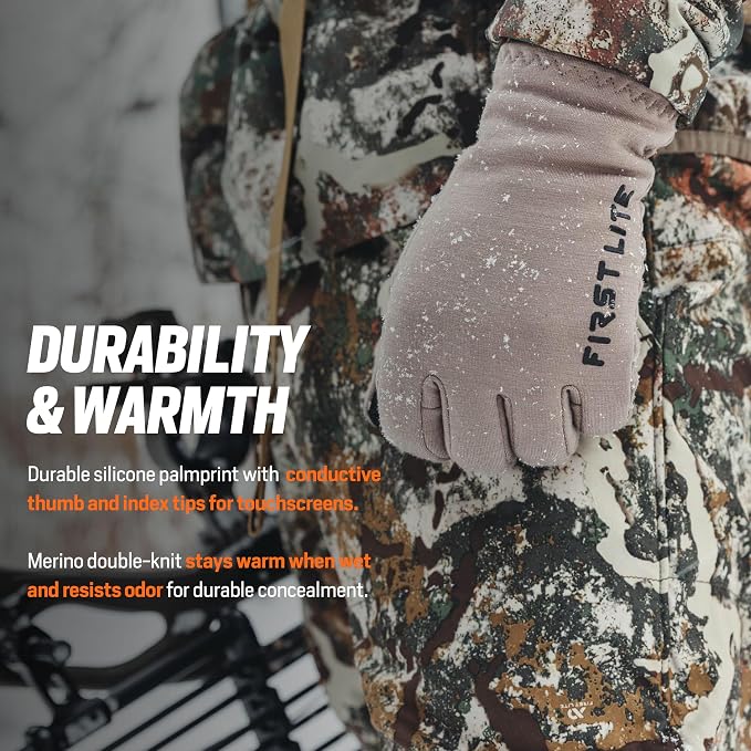 First Lite Rugged Wool Fleece Glove | Merino Wool Hunting Gloves for Men | Silicone Grip Palm with Touchscreen Compatible Fingertips