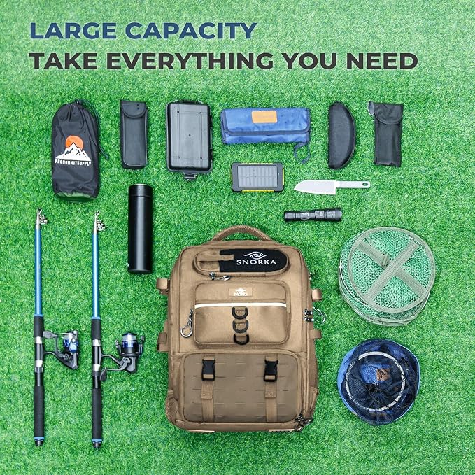 Fishing Backpack with Tackle Boxes and Rod Holders 40L; Plus Rain Cover, Padded Back Support, Insulated Front Pocket for Hot/Cold Lunch, Water Bottle Holder (Force Khaki)