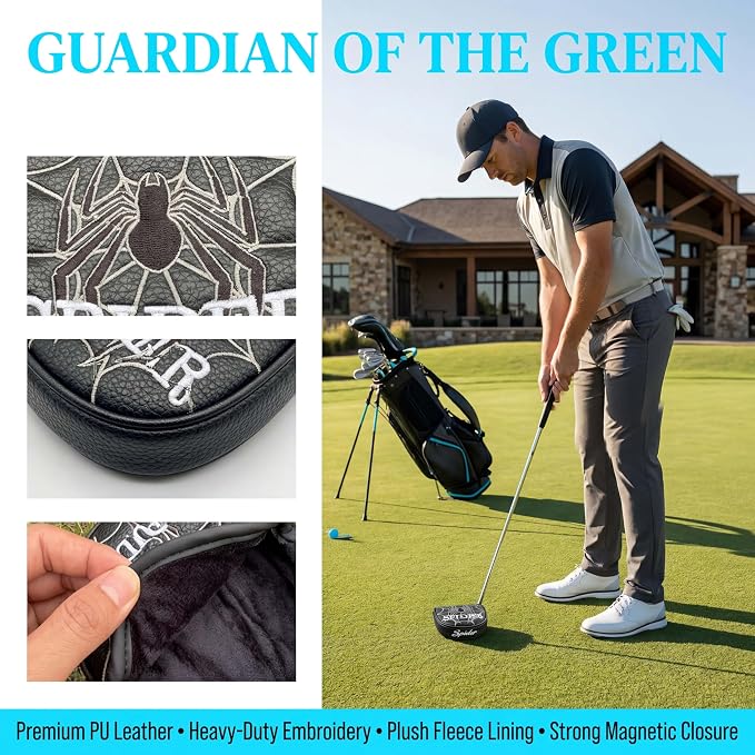 Vesperlux Spider Golf Headcovers Driver Wood Hybrid Iron | Waterproof Leather, Magnetic Putter Cover, Anti-Slip Fit, Full Protection, Durable, Fits Alignment Stick, Men's Golf Gift