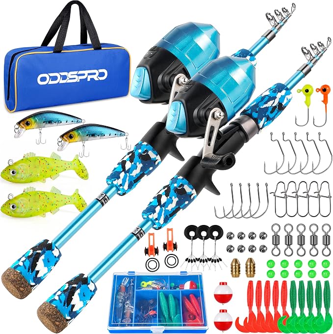 ODDSPRO Kids Fishing Pole - Portable Telescopic Kids Fishing Rod and Reel Combo Kit - with Spincast Fishing Reel Tackle Box for Girls, Youth