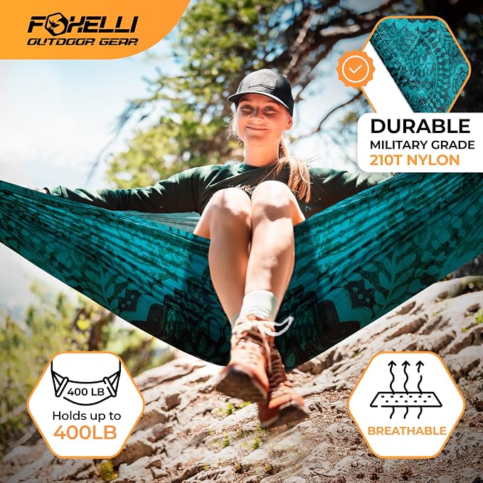 Foxelli Camping Hammock – Ultralight Hammock for Backpacking, Hiking, Festivals, Travel - Easy Setup with Tree-Friendly Ropes & Steel Carabiners, Heavy Duty Parachute Nylon