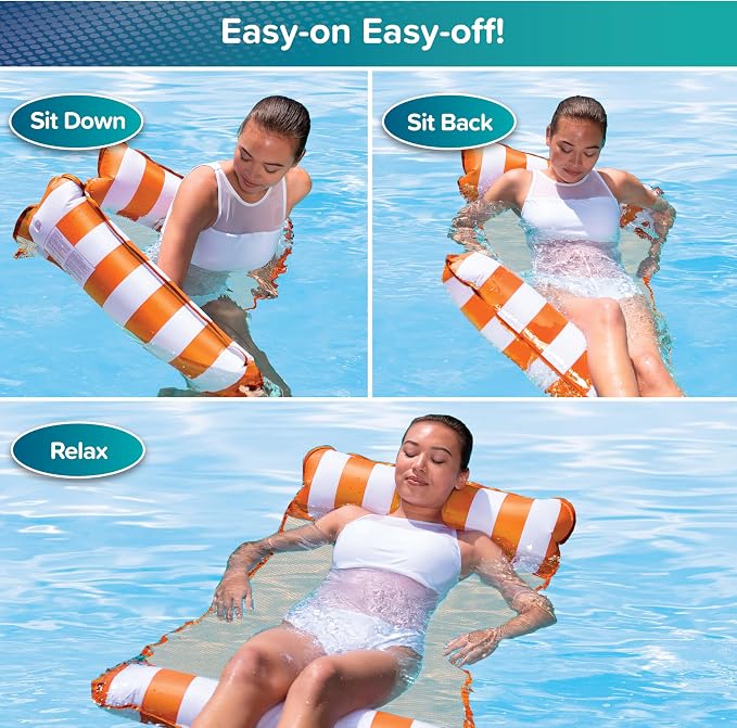 Aqua Original 4-in-1 Monterey Hammock Pool Float & Water Hammock – Multi-Purpose, Inflatable Pool Floats for Adults – Patented Thick, Non-Stick PVC Material – Orange/White Stripe