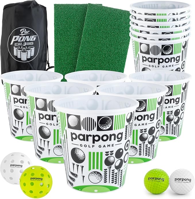 VULCANO SPORTS Par Pong Backyard Golf Chipping Game – Outdoor Golf Game with 12 Buckets, 2 Hitting Mats & Golf Balls – for Adults, Tailgating, BBQ, Parties & Gifts for Golfers.