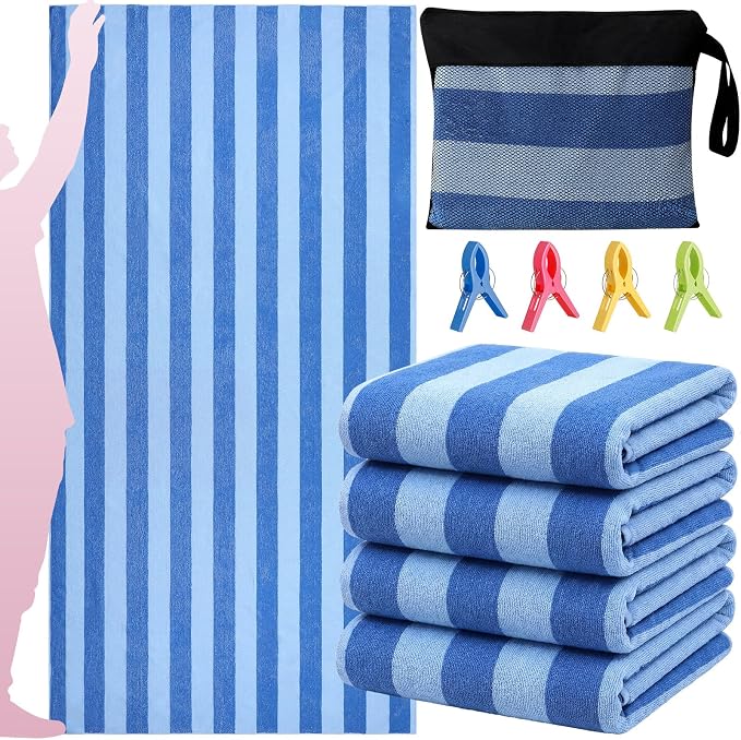 Gilprop 4 Packs Oversized Stripe Beach Towels XL L Microfiber Clearance Pool Towels with Bags Clips Soft Absorbent Quick Dry Camping Swim Towel for Adult Women Men Travel Family (72×36 in,Blue)