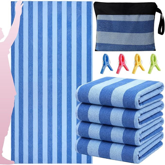 Gilprop 4 Packs Oversized Stripe Beach Towels XL L Microfiber Clearance Pool Towels with Bags Clips Soft Absorbent Quick Dry Camping Swim Towel for Adult Women Men Travel Family (72×36 in,Blue)