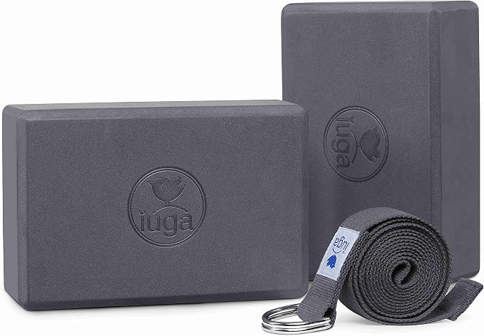 IUGA Premium Set- Includes 1 Yoga Block 2 Pack with Yoga Strap, 1 Eco Friendly Yoga Mat with Alignment Lines