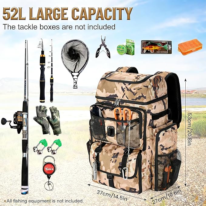 VJI Fishing Tackle Backpack with Rod Holder, Large Tactical Backpack, Fishing Gear Tackle Box Tactical Backpack, Water Resistant Sport Bag and Equipment