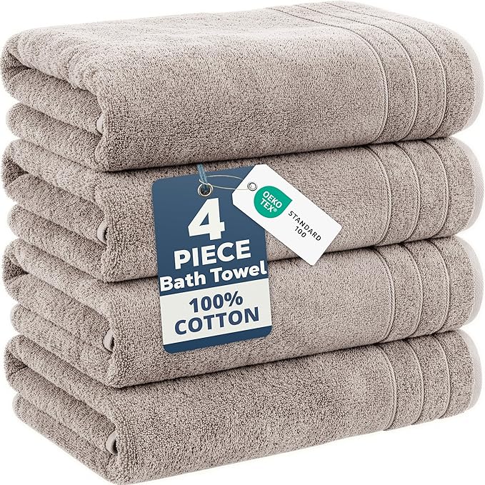 Casa Platino 100% Cotton Bath Towels Set of 4 (30"x60") - Ring Spun Mercerized Cotton Bathroom Towel Sets - Quick Dry, Soft & Absorbent Grey Towels Set - Pre Shrunk, Fade Resistant - Platinum