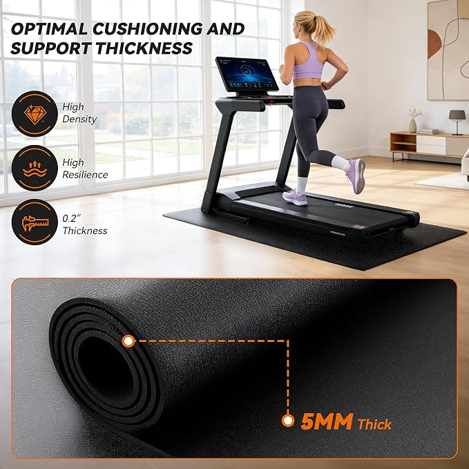 Treadmill Mat for Carpet &Hardwood Floors, 79" × 39.4" 0.2" Thick High Density, Non-Slip Fitness Equipment Mat, Mat for Under Treadmills, Elliptical, Exercise Bikes, Stationary Cycles