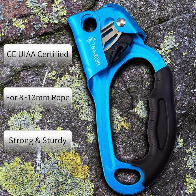 UIAA & CE Certified Climbing Rappelling Equip Hand Ascender Left Right Hand for 8-13mm Rope 4kN