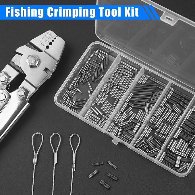 Fishing Crimping Tool Kit Wire Crimping Tool Stainless Steel Fishing Crimping Pliers with 300pcs Aluminum Crimp Sleeves Kit Effort-Saving Wire Crimper Tool, 4 Size Crimp Sleeves Fishing Tackle Pliers