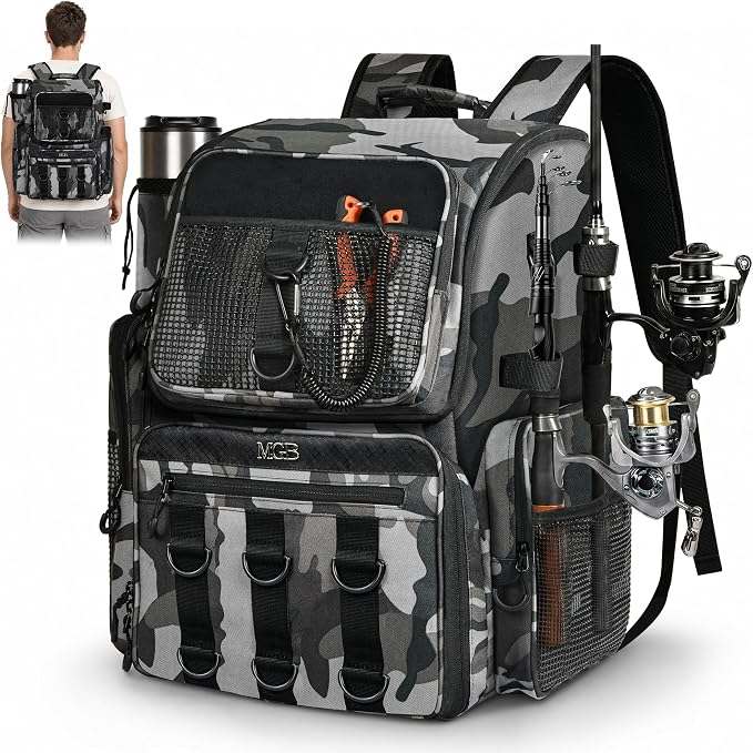 MGB 46L Water-resistant Fishing Tackle Backpack with Rod Holders