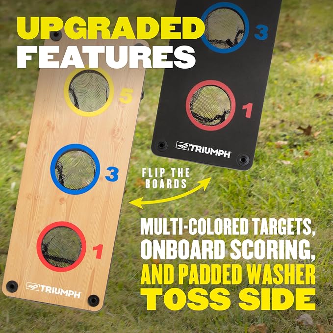 Triumph Sports 2-in-1 Bean Bag Toss Board Set with Washers & Bean Bags for Tossing, Dual-Sided Boards Feature Multi-Colored Targets & On-Board Scoring – Perfect for BBQs, Tailgating & Parties