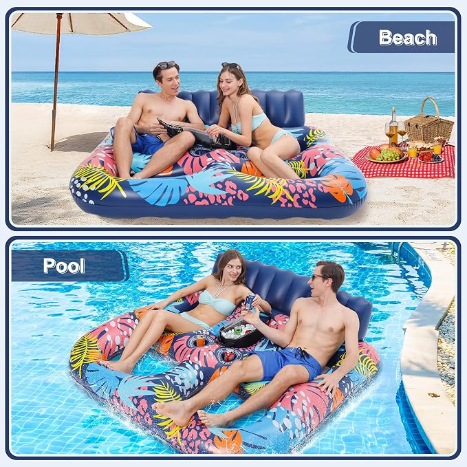2-Person Inflatable Pool Floats Adult Heavy Duty, 71" x 61" Pool Lounger Float with Cup Holders & Backrest & Removable Insulated Cooler, Thickened Swimming Raft for Pool Party, Lake, Beach, River