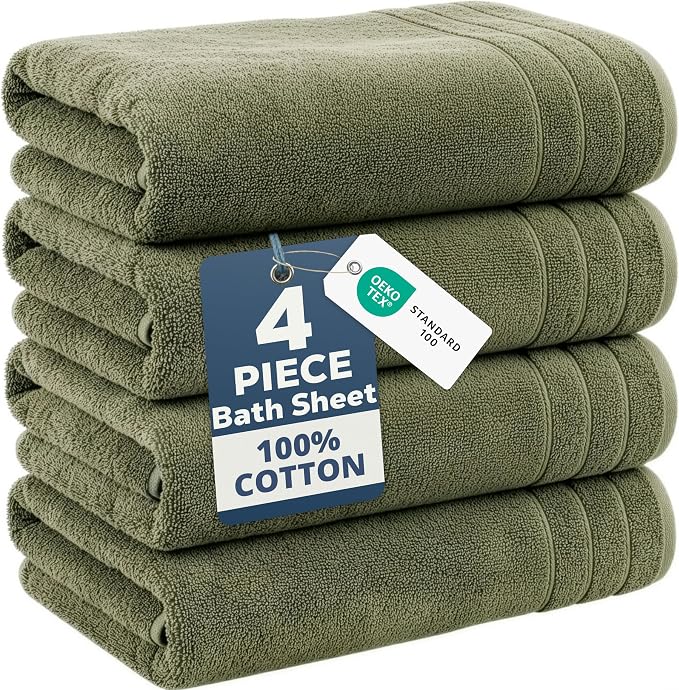 Casa Platino 100% Cotton Bath Sheets Pack of 4 (36"x72") - Ring Spun Mercerized Cotton Bathroom Towel Set - Quick Dry, Soft & Absorbent Large Bath Towels - Holds Well After Multiple Washes - Oil Green