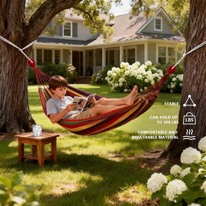 Outdoor Amacas Garden Camping Hammock, Portable Canvas Fabric Hammock for Patio Yard Garden Backyard Porch Travel, 300 lbs Maximum Weight Capacity