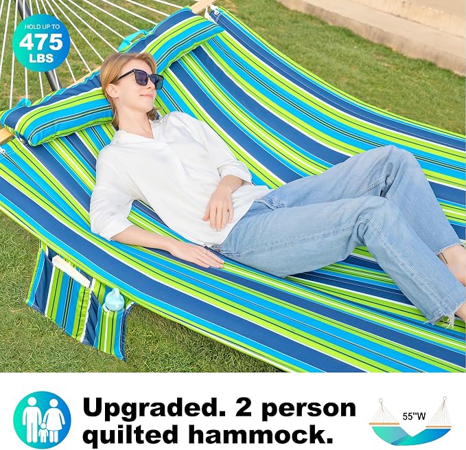 GAFETE Hammock 2 Person Quilted Fabric Hammocks for Outside, Double 12ft Hammocks with Spreader Bar, Large Removable Pillow, Storage Bag, Carabiners, Max 475 lbs Capacity (Garden)