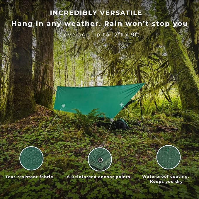 Camping Hammock with Bug Net and Rain Fly – Durable Ripstop Nylon Construction with 12’ Tree Straps, 5kn Carabiners, Tent Stakes and Waterproof Carry Bag