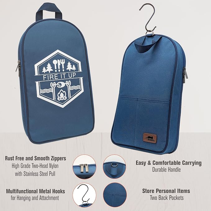 BOMKI Grilling & Camping Cooking Utensils - BBQ & Camp Kitchen Set - Cookware Accessories - Camping Essentials (Blue Pro)