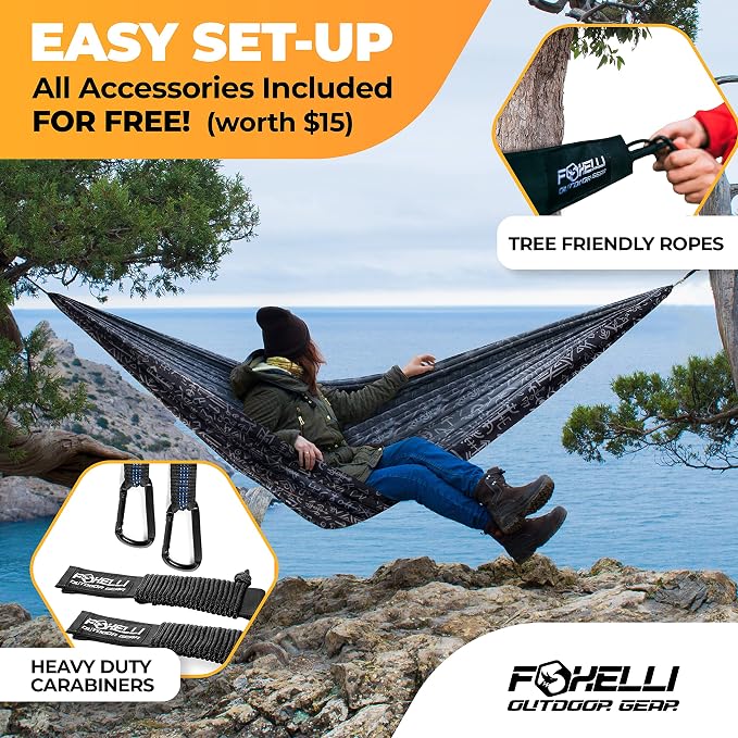 Foxelli Camping Hammock – Ultralight Hammock for Backpacking, Hiking, Festivals, Travel - Easy Setup with Tree-Friendly Ropes & Steel Carabiners, Heavy Duty Parachute Nylon