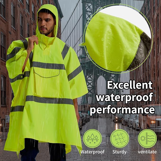 SRsafety Hi Vis Rain Poncho,High Visibility Rain Ponchos for Adults with Pocket,Safety Rain Jacket Stowable Conjoined Cap