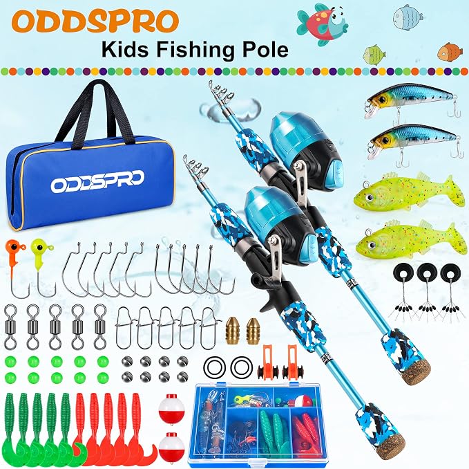 ODDSPRO Kids Fishing Pole - Portable Telescopic Kids Fishing Rod and Reel Combo Kit - with Spincast Fishing Reel Tackle Box for Girls, Youth