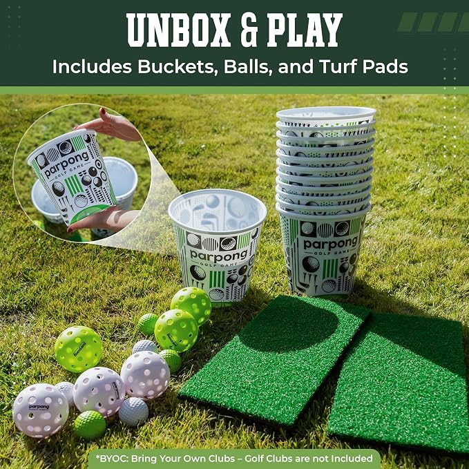 VULCANO SPORTS Par Pong Backyard Golf Chipping Game – Outdoor Golf Game with 12 Buckets, 2 Hitting Mats & Golf Balls – for Adults, Tailgating, BBQ, Parties & Gifts for Golfers.
