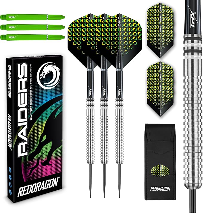 RED DRAGON Raider Series Steel Tip Darts Set - 90% Tungsten Professional Darts with Flights & Shafts - Precision Control & Stable Flight