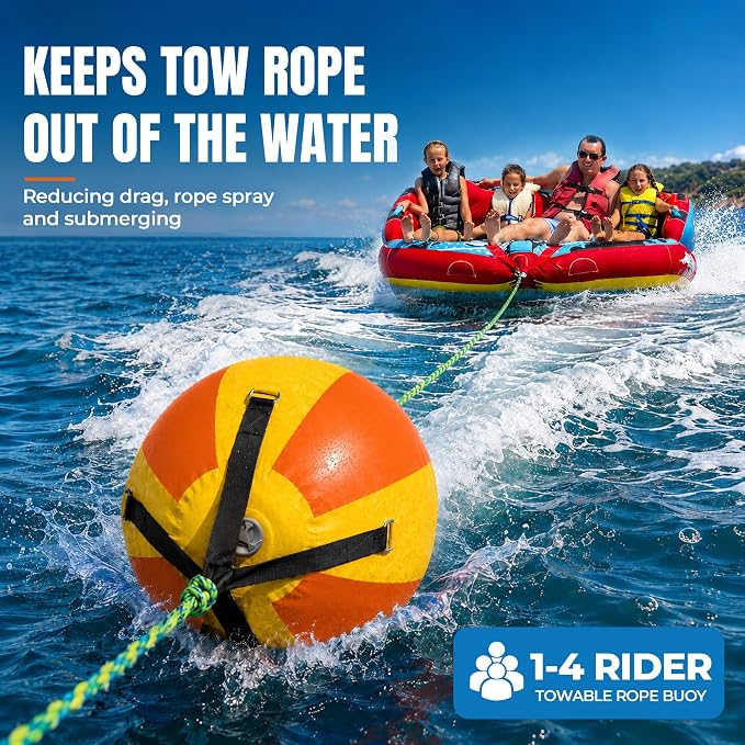Towable Tube Rope Booster Ball, Tow Rope for Boat Tubing, 2 x 60 ft Rope for Lift and Visibility with 4100lb Break Strength for Boating, Water Sports