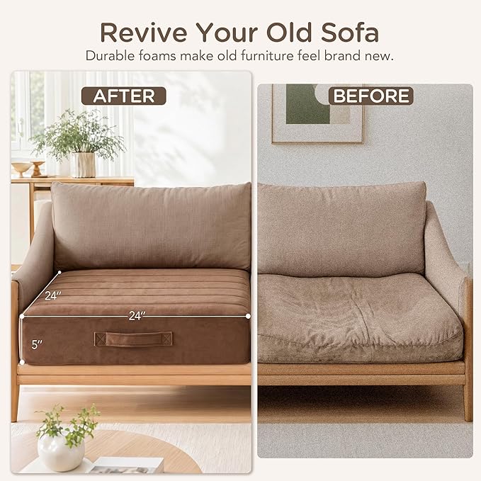 Codi Thick Replacement Couch Cushions, Upholstery Foam with Washable Covers for Sofa Cushion Chair Meditation - 24 × 24 × 5 Inch | High Density Foam, Coffee