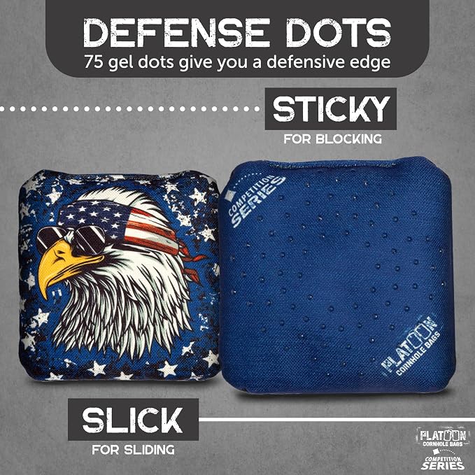 Play Platoon Competition Series Cornhole Bags Set of 8 Regulation Professional Weight Double Sided Slick and Stick with Rubber Sticky Dot Slow Side for Pro Corn Hole Bean Bag Toss Game-Designed in USA