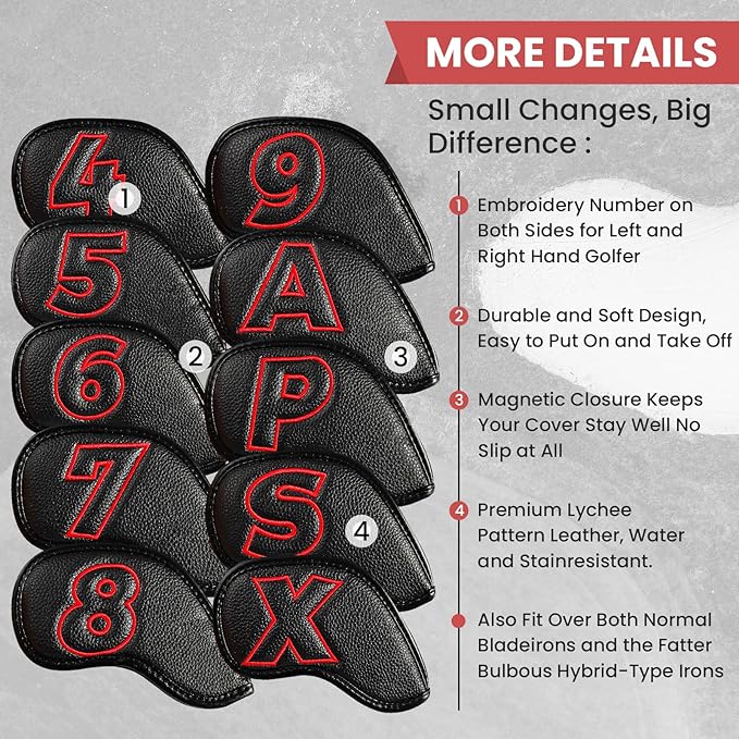 Golf Iron Covers Set Strong Magnetic Closure Value 10 Pack, Double Side Number Synthetic Leather Deluxe Club Headcover, Universal Head Cover Fit Main Irons Clubs for Women Men