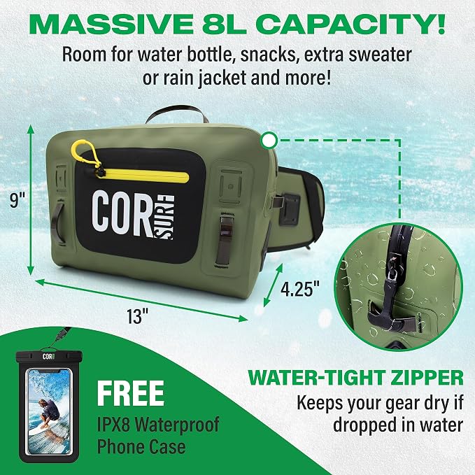 Waterproof Hip Pack | 8L Submersible Lumbar Fishing Waist Pack with Airtight Zipper | Perfect for Fly Fishing, Boating, Camping, Hiking or Paddleboarding | includes free IPX8 Waterproof Phone Case