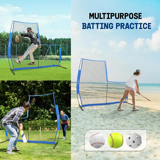 Portable L-Screen Baseball 7x7ft with 2 Baseballs, Rubber Wheels - L Screen Baseball for Batting Cage, Protective Pitching Screen Net Double Layers, Carry Bag Included