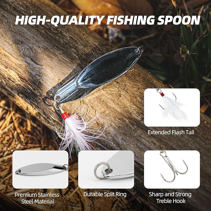 Jigging Spoon Fishing Lures 20/40PCS Kit – Metal Casting Spoon Lure Set with Treble Hooks, Mixed Sizes Spinner Baits for Saltwater & Freshwater Trout, Salmon, Bass
