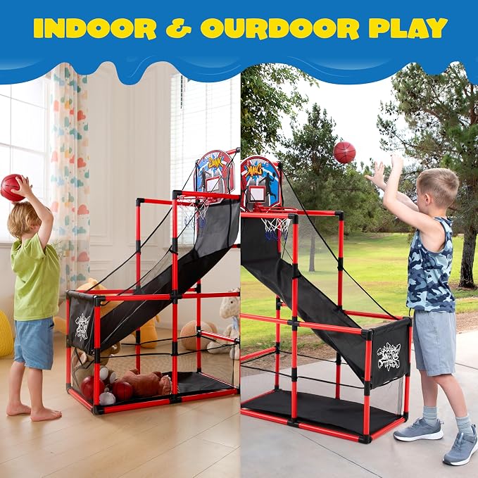 JOYIN Red Arcade Basketball Game Set, Indoor Basketball Hoop for Kids 3+ Years Old, Easy Set Up Sports Toy with 4 Balls, Gifts for Boys and Girls