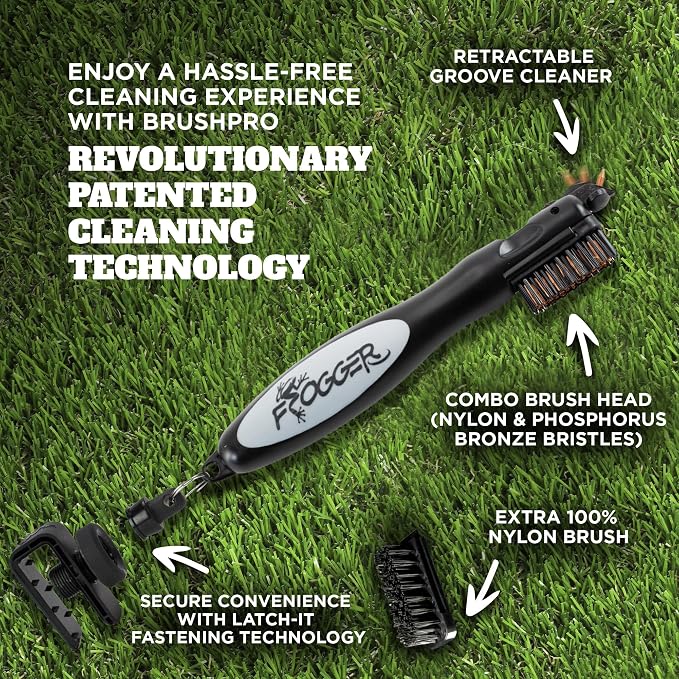 Frogger BrushPro Latch-It Golf Club Cleaner, Ergonomic Grip and Latch-it Magnet - Professional Golf Club Brush and Groove Cleaner for Golfers