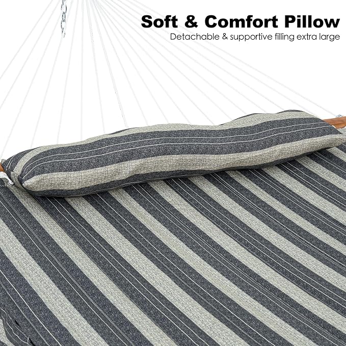 GAFETE Hammock 2 Person Quilted Fabric Hammocks for Outside, Double 12ft Hammocks with Spreader Bar, Large Removable Pillow, Storage Bag, Carabiners, Max 475 lbs Capacity (Mountain Mist Gray)