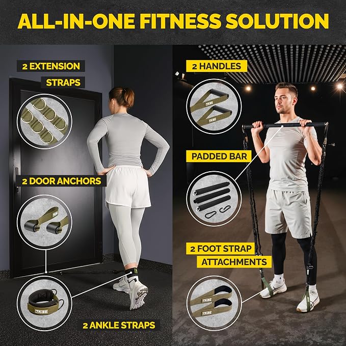 Tube Resistance Bands for Working Out Men and Women - 180lb Exercise Bands Set with Handles, Resistance Band Bar, Ankle Straps, Foot Straps, Door Anchor for Home Gym Strength
