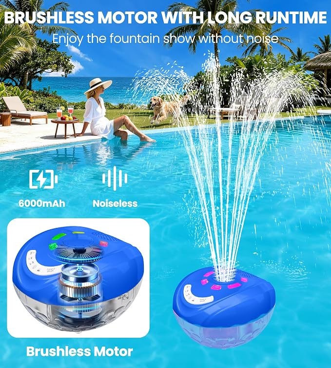 Luxfero 3 in 1 Floating Pool Fountain with Lights&Speaker, Pool Fountains for Inground Pools, Floating Bluetooth Speaker, Pool Speakers Bluetooth Waterproof IP68,Above Ground Pool Water Fountain-Blue