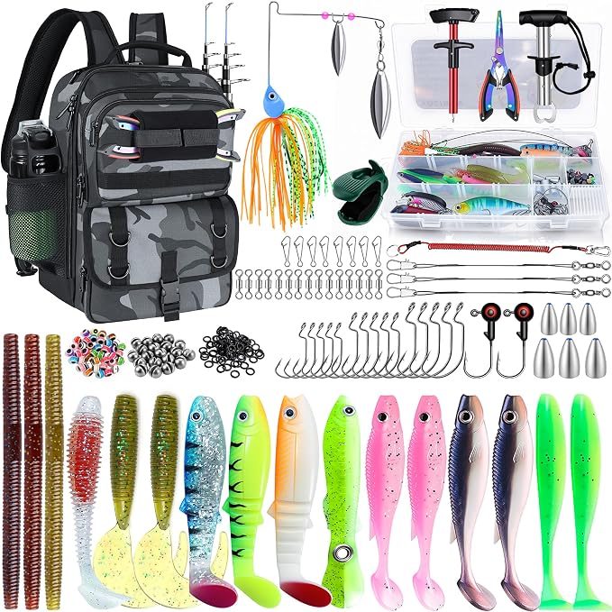 Fishing Backpack with Tackle Boxes,Fishing Sling Tackle Bag with Rod Holder Waterproof Fishing Bag with Fishing Gear, Fishing Gifts for Men Women Gear Combo Kit,Camouflage Gray