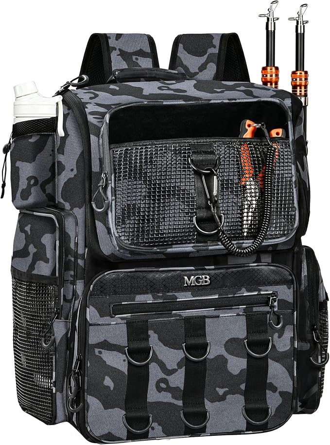 MGB 46L Fishing Tackle Backpack with 2 Rod Holders & YKK Zipper Storage Fishing Gear and Equipment, Gifts for Men Father